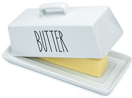Heartland Home Porcelain Covered Butter Dish with Lid for Countertop (Lid with Handle). 7.6 x 3.8 Butter Holder Container for One Stick of Butter. Textured Tray Butter Keeper for Non Slip Storage