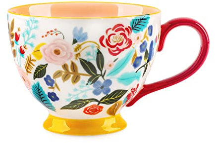 Berry President Handbemalte Keramiktassen mit Blumenmuster, 15 OZ, große Tassen für Milch, Kaffee, Cappuccino, Tee, Kakao, Frühstücks-Haferflockentassen (Gelbe Blume)