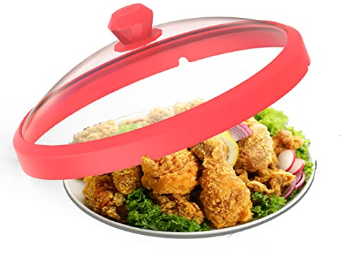 Microwave Glass Cover Splatter Guard Lid with Anti-scald Silicone Handles and Vented Edge for Food Pot Plate Cover 10.5 inch Red