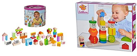 Eichhorn – Bunte Holzbausteine – 50 Stück in Box, Bauklötze mit Bedruckung, aus Birkenholz & 100073422 Holz Figuren Steckpuzzle, 20-teilig - 3 Stecksäulen mit Steckteilen, hochwertiges Buchenholz