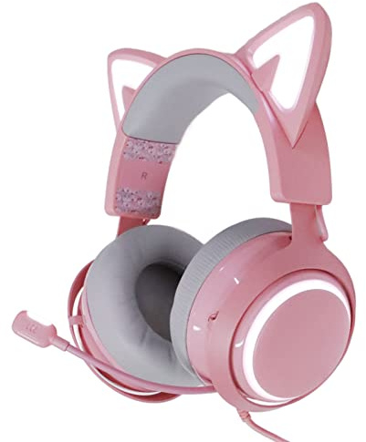 Pinkes Gaming-Headset, Verkabelter USB-Gaming-Kopfhörer in mit Katzenohr für PC///PS5 mit 7.1-Surround-Sound-Geräuschunterdrückung, Abnehmbarem Katzenohr und Mikrofon,