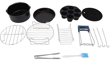 13 Teiliges Heißluftfritteuse Zubehör Fritteuse Set, 20cm Airfryer Zubehör Set mit Backform, Clip, Bürste, Tablettklammer, Quadratischer Grill, Runde Grills, Backstäbchen, Kuchenform, Silikonpad(20cm)