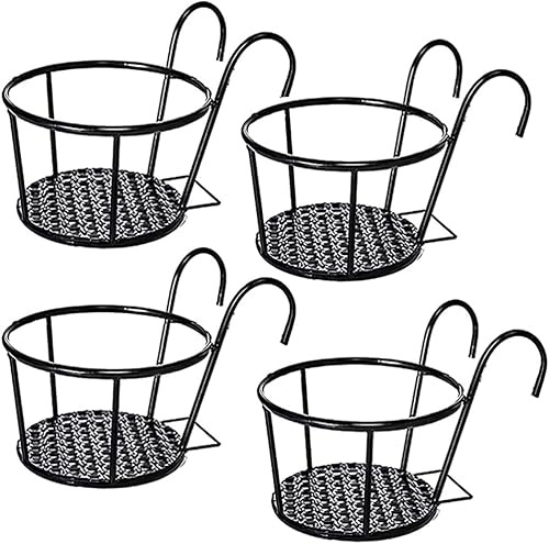 4Pack Fioriere Rotonde Da Appendere In Ferro,piante Montati Balcone Appeso Ringhiera Fioriere Ferro Rotondo Rack Pianta Cestini Portavasi Di Fiori Recinzione Metallo Vaso Stand Per Balcone Portico