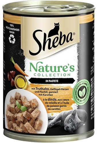 Sheba Katzenfutter Nassfutter Nature's Collection in Pastete mit Truthahn Geflügel-Herzen und Fischöl, garniert mit Karotten Feine Vielfalt 12 Dosen (12 x 400g)