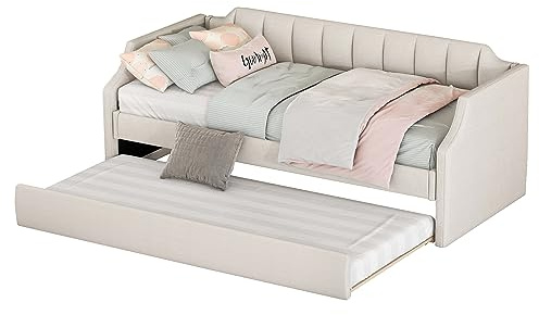 Azkoeesy Letto imbottito 90 x 200 cm, divano letto con secondo letto estraibile, con rete a doghe, lettino per bambini, max 120 kg, rivestimento in lino (beige), WX602