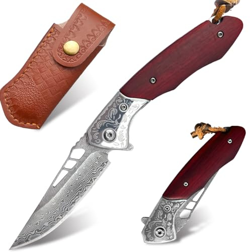 COOSNUG Damast Einhandmesser Taschenmesser aus 67 Lagen VG10 Damaststahl mit Scharfer Klinge und Rosenholzgriff