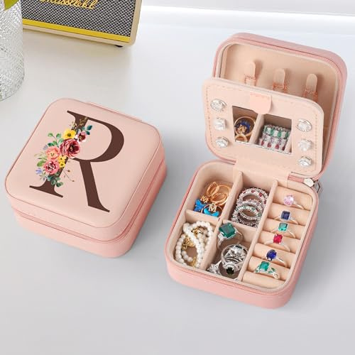 TINGN Initiale Schmuckkästchen Kleine Schmuckkästchen mit Namen Initiale R und Blume Schmuckkastchen Travel Organizer Box mit Spiegel für Damen Mädchen Geschenk für Geburtstage,Muttertag