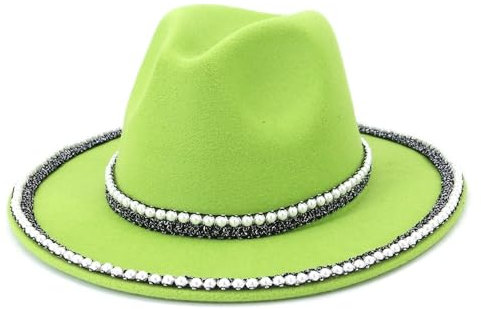 Fengyan Mützen, französischer Stil, Wolle, Fedora-Hut, handgefertigte Dekoration, elegante Damenhut, Hochzeit, Winter, breite Krempe, warmer Jazzhut, grün, 6 7/8-7 1/8
