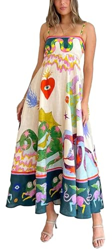 YILEEGOO Vestido largo de algodón y lino con tirantes delgados para mujer, estampado étnico de serpiente, vestido largo sin mangas, Beige y rosa, M
