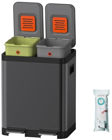 Mbillion Mülleimer Küche, Mülleimer 2 Fächer Mülltrennsystem, Abfalleimer Küche, Edelstahl, mit herausnehmbaren Inneneimern, für Zuhause, Büro (15 + 15L Schwarz)