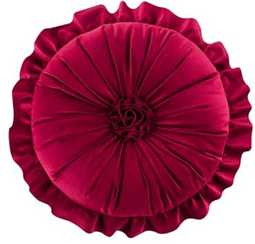 Fouriding Rundes Dekokissen, 35 cm, rundes Rüschenkissen, Blumenkissen, Bodenkissen für Wohnzimmer, Sofa, Bett, Stuhl, Boden, Auto, Heimdekoration, Weinrot