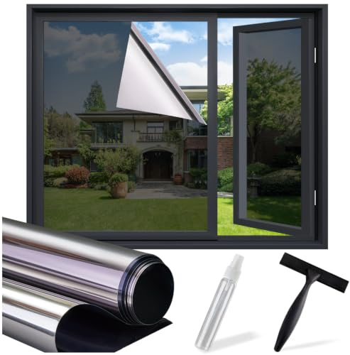 Lifetree Spiegelfolie Fensterfolie Schwarz-Silber Montageset 60x200cm | UV-Schutz Hitzeschutz Sonnenschutzfolie Selbstklebend Wärmeschutz, Sichtschutz Blickdicht für Fenster Innen Wohnzimmer Büro