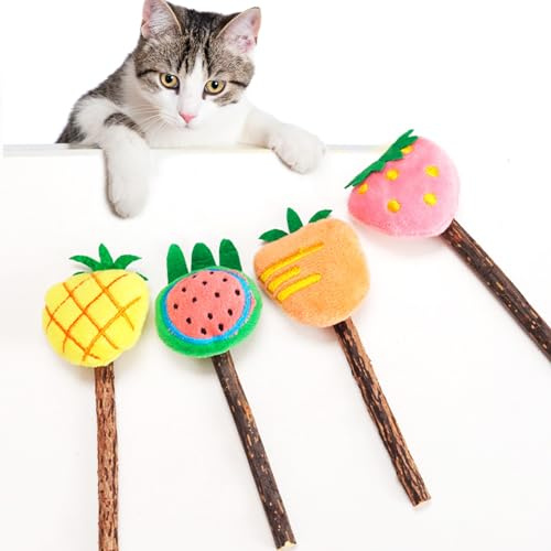 Pawdea Cat Chew Toys 4 Pack, Silvervine Sticks and Organic Catnip Toys for Indoor Cats, Kitten Teething Chew Stick Toys, Dental Chew Toys for Cats, Interactive Cat Kicker Toys for Kittens and Adults
