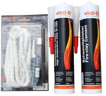 Corde de four Ø 8 mm 2 m + colle + mastic d'étanchéité pour four W-1200 jusqu'à 1200 ° + colle réfractaire résistante à la chaleur jusqu'à 1000 °C