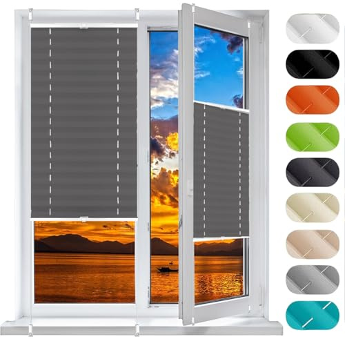 Stick on Blinds for Windows with Clips 24 x 130 cm (W x H), Self-Adhesive Non-Woven, Crumpled Effect, Pleated Blinds Folding Blind, Blackout Roller Blind, for Window Door, Grey