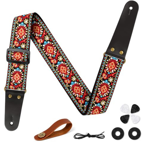 Aucuu Gitarrengurt, 2 Vintage bestickte Baumwolle Gitarrengurt, Verstellbarer Gitarrenband Echtleder Enden für Bass Elektro Akustik, mit Gurtknopf 2 Gurtschlössern 4 Gitarrenplektren