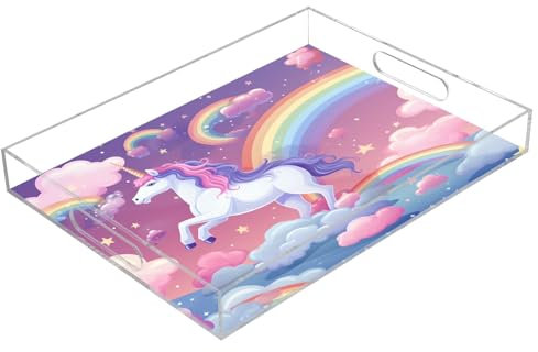Cartoon Unicorn Acrylic Serving Trays, Clear Rectangular Tray with Handles Serving Platter for Coffee Table Kitchen Bathroom