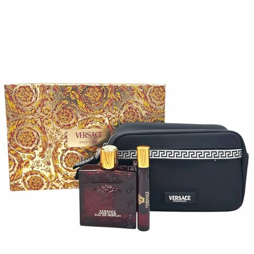 Versace Eros Flame Geschenkset für Herren, Eau de Parfum, Spray, 100 ml, Duft Travel Size 10 ml und Tasche