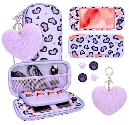 DLseego Étui de Transport pour Switch Lite,Léopard Cœur Thème Transporter Étui de Voyage avec Protecteur Cover,4PCS Capuchons de Poignée de Pouce et 1PC Peluche Coeur Breloque,Pourpre