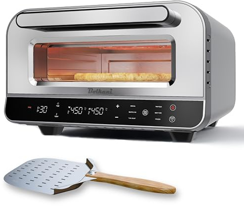 Bolkani Pizzaofen Elektrisch 450 Grad mit Pizzastein, Profi Steinofen für Zuhause Indoor, Timer Ober Unterhitze 80-450°C Sichtfenster Innenbeleuchtung Tischpizzaofen Edelstahl