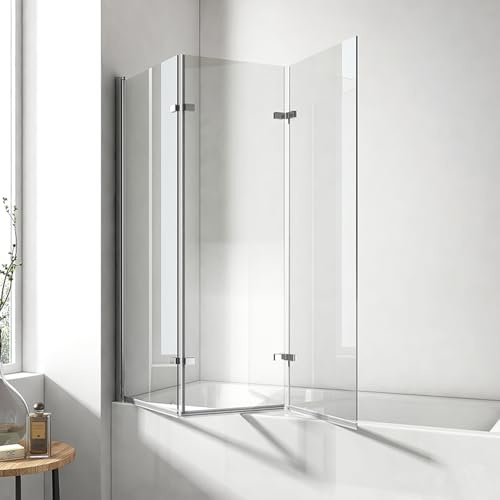 EMKE Shower Screen for Bathtub 130 x 140 cm, Bath Attachment 3-Piece Foldable Bath Shower Screen for Bathtub Folding Wall 6 mm Safety Glass Shower Enclosure Bath