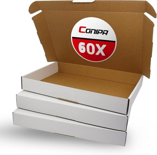 Conipa® 60 Stück Maxibriefkarton A4 350 x 250 x 50 mm Weiß - Warensendung & Buchverpackung aus Stabiler Wellpappe - Versandkarton & Faltkarton BÜWA (Bücher Versand) - Karton Verpackung Maxibrief