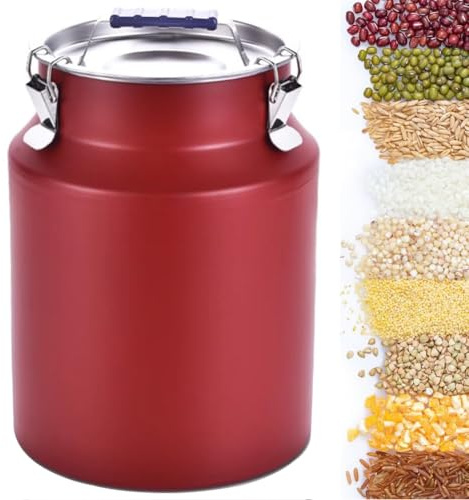 HEFJIAYCIQ Stainless Steel Cereal Storage Containers, 8L/10L/12L/20L/ 25L Metals Food Storage Barrels, Kitchen Dispenser for Cereal, Rice, Flour,Red,20L/5.2Gallon