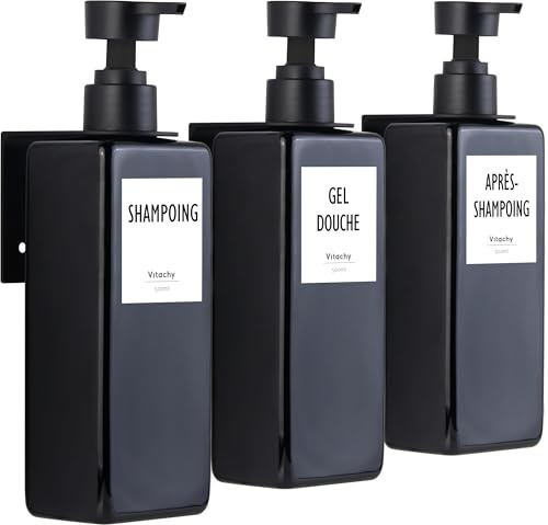 VITACHY Pack 3 Dispensadores Jabón Pared Baño 500ml - Botes Rellenables Gel Champú Acondicionador - Dosificador Ducha Negro con Soporte: Fijación Adhesiva Sin Taladro o con Tornillos