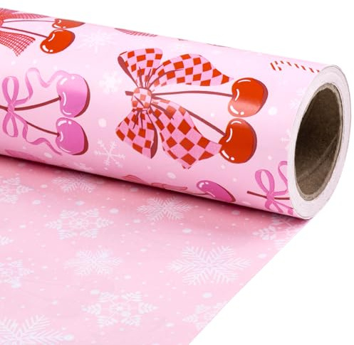 RUSPEPA Weihnachts-Wendepapierrolle für Mädchen, Mini-Rolle, rosa romantisches Kirschschleifen- und Zuckerstangen-Design, weißes Schneeflocken-Geschenkpapier für Weihnachtsgeschenke, 43,2 cm x 10 m
