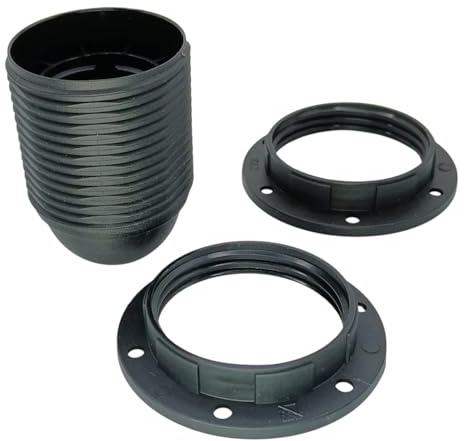 E27 Lampenfassung Set Schwarz mit 2 Schraubringen – M10x1 Feingewinde – verschraubbar für 240V – Thermoplast Version A
