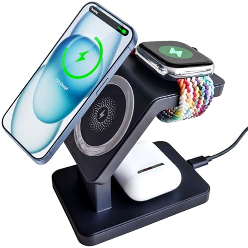 HIHOBDAY 3 in 1 Wireless Charging Station for iPhone Magnetic Portable, Fast Wireless Charger Stand for iPhone 16/15/14/13/12, AirPods Pro 4 3 2 Apple Watch (Black)