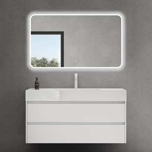 doporro Badmöbel Set mit Waschtisch Badezimmer Unterschrank Wandmontage Waschbeckenunterschrank Matt Weiß 120x48x63cm inkl. Waschbecken aus Mineralguss und LED-Badpiegel Deep