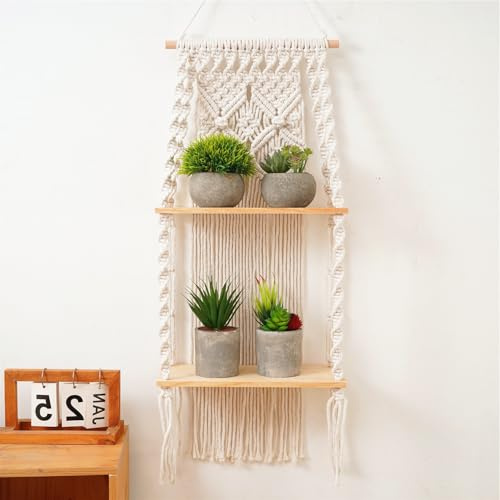 ETOFIXEE Makramee Regal,Boho Regal,Handgewebte Schweberegal Doppelschicht,Boho Wandregal für Wohnzimmer,Schlafzimmer,Balkon,Flur