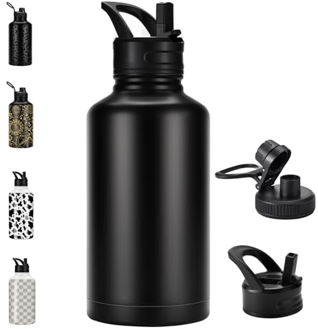 FOLAI Botella de agua de acero inoxidable a prueba de fugas de 2L con pajita, botella deportiva grande para gimnasio, sin BPA, apta para bebidas con gas, apta para lavavajillas, para gimnasio (negro)
