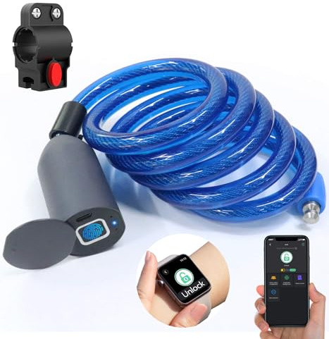 Anweller Fingerprint Cable Lock, 4.9FT Long Heavy Duty Anti Theft Bike Lock, Weatherproof Keyless Biometric Bluetooth App Smart Lock for Bicycle Scooter Lawnmower Skateboard Snowboard Ski - Dark Blue