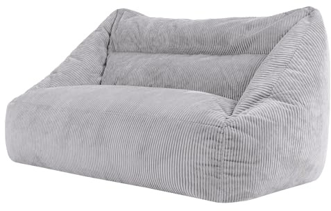 Icon Cecilia Cord Sitzsack Sofa mit Füllung, Sofa 2 Sitzer, Grau | In Deutschland Hergestellt, Boneless Sofa, Weicher Cordstoff, Riesensitzsack für Wohnzimmer und Schlafzimmer
