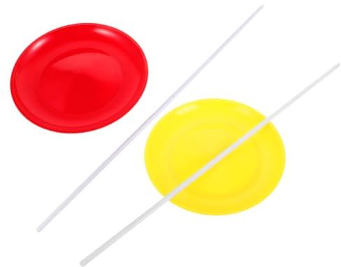 VANZACK 2 Jeux D'assiettes de Jonglage Jaunes et Rouges avec Baguettes et Tiges Professionnelles, Jeu de Jonglage pour Spectacles, Entraînement Sensoriel et Divertissement Extérieur