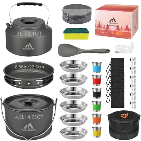 THTYBROS 43-teiliges Aluminium Camping-Set für 6 Personen mit Topf, Wasserkocher, Pfanne & Geschirr für Outdoor