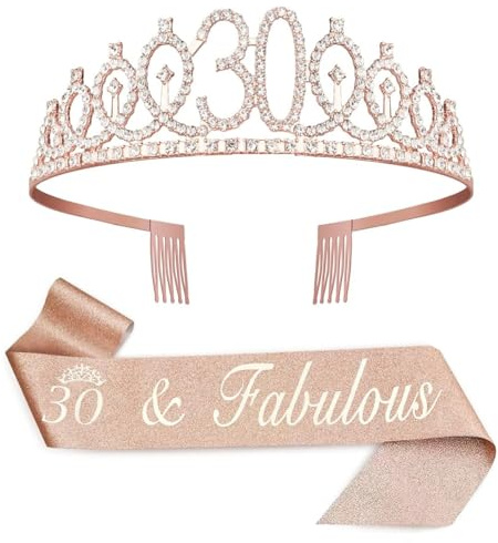 30. Geburtstag Deko Damen Roségold - 30 & Fabulous Schärpe & Kristall Tiara Krone, Geburtstagsshärpe Set für Frauen, 30 Jahre Geburtstagsgeschenk