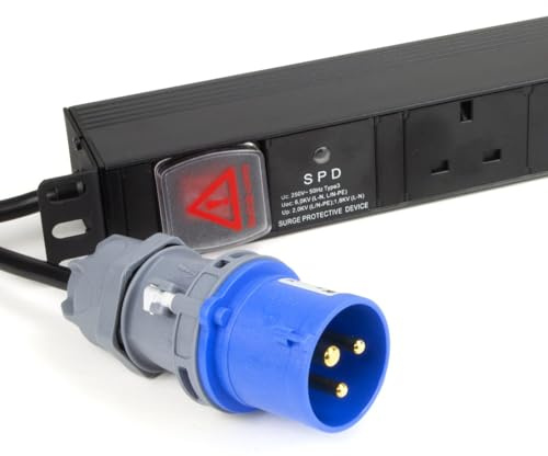 kenable PDU 6 Way UK Sockets to 16A Commando Plug Power Distribution Unit Surge Protected 19 Rack Mount 3m Cable Horizontal 4000W