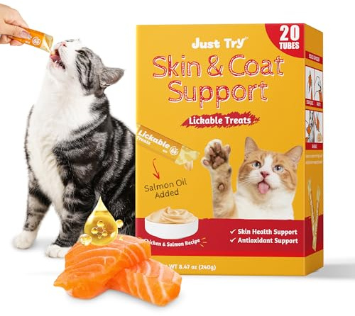 Just Try Cat Lick Treats with Salmon Oil for Skin & Coat 20 Tubes | Salmon Oil for Cats with Omega3, Taurine & Vitamin E, Skin & Coat Support, 12g Each Tube