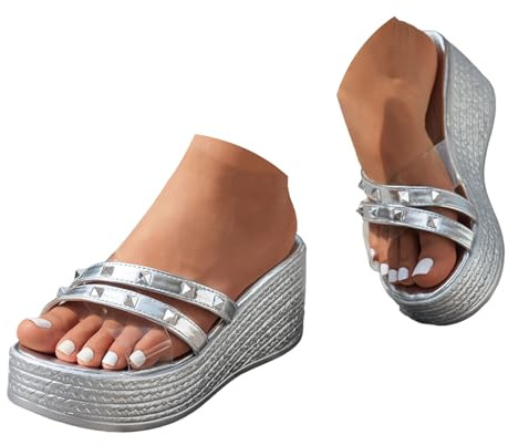 Sandali da donna con zeppa metallica, lucidi, con borchie, punta aperta, senza lacci, con plateau, estivi, comodi, suola spessa, scarpe casual per feste, uso quotidiano, stile street, Argento, 36.5 EU