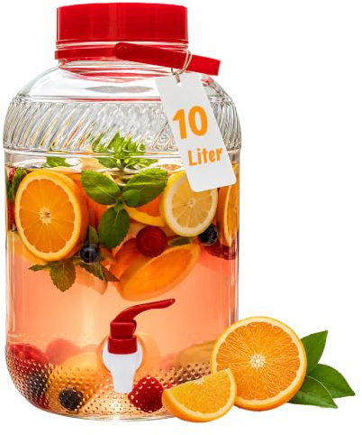 Relaxdays Getränkespender, 10 Liter, Glas, Kaltgetränke, Zapfhahn, Deckel, Tragegriff, Wasserspender, transparent/rot