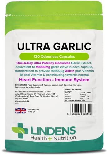 Lindens Ultra Garlic Odourless Capsules - 120 Pack - Vitamin B1 and D3 for Normal Muscle Function, Heart and Immune Health - 15000mg Garlic (10500mcg Allicin) - UK Manufacturer, Letterbox Friendly