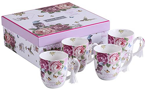 London Boutique Lot de 4 tasses en porcelaine fine - Style shabby chic vintage rétro - Dans une boîte cadeau - 330 ml (motif papillon rose oiseau)