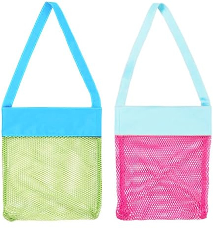 AUONY 2 Pack Seashell Beach Bag, Mesh Beach Bag Kids Shell Bags for Holding Beach Shell,Toys, Swimming Accessories