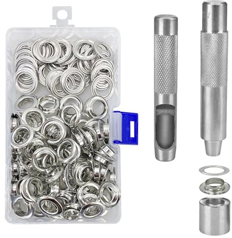 Grommet Werkzeug Kit 12 mm(1/2 Zoll) Tülle Ösen Scheiben Ösenzange Set 100Pcs Grommet Einstell Werkzeug und 100 Sets Grommet Ösen mit Aufbewahrungsbox