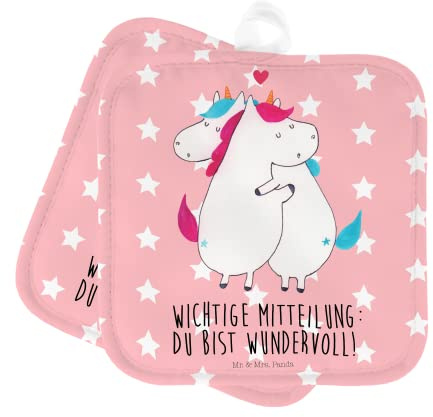 Mr. & Mrs. Panda 2er Set Topflappen Einhorn Mitteilung - Geschenk, Ofenhandschuhe, Einhorn Deko, Einhörner, Liebe, Topflappen mit Spruch, Topflappen