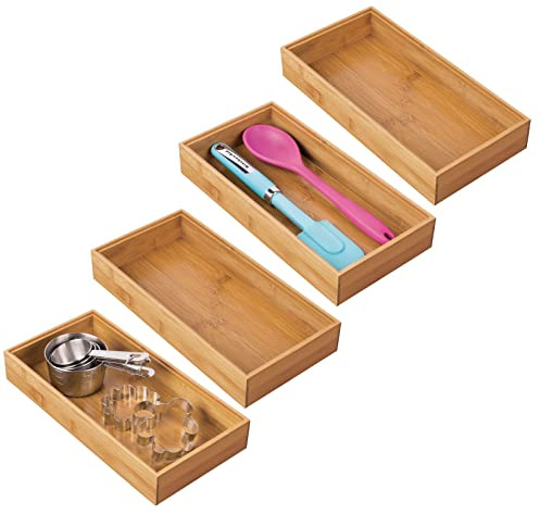 mDesign 4er-Set Aufbewahrungsbox für die Küche – extragroße Schubladenbox aus Holz – stapelbarer Schubladen Organizer für Besteck und Küchenutensilien – naturfarben