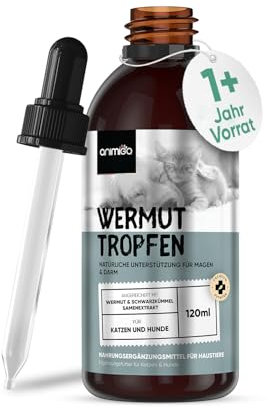 animigo Wermut Tropfen für Katzen & Hunde - 120ml Tropfen - 1+ Jahr Vorrat - Angereichert mit Wermut, Schwarzkümmel und Samenextrakt - Alternative zu Wermut Tabletten